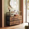 Coloured bedroom dresser with 5 fabric drawers, entertainment center with open shelves and 45" TV power outlets, vanity TV cabinet with closet storage